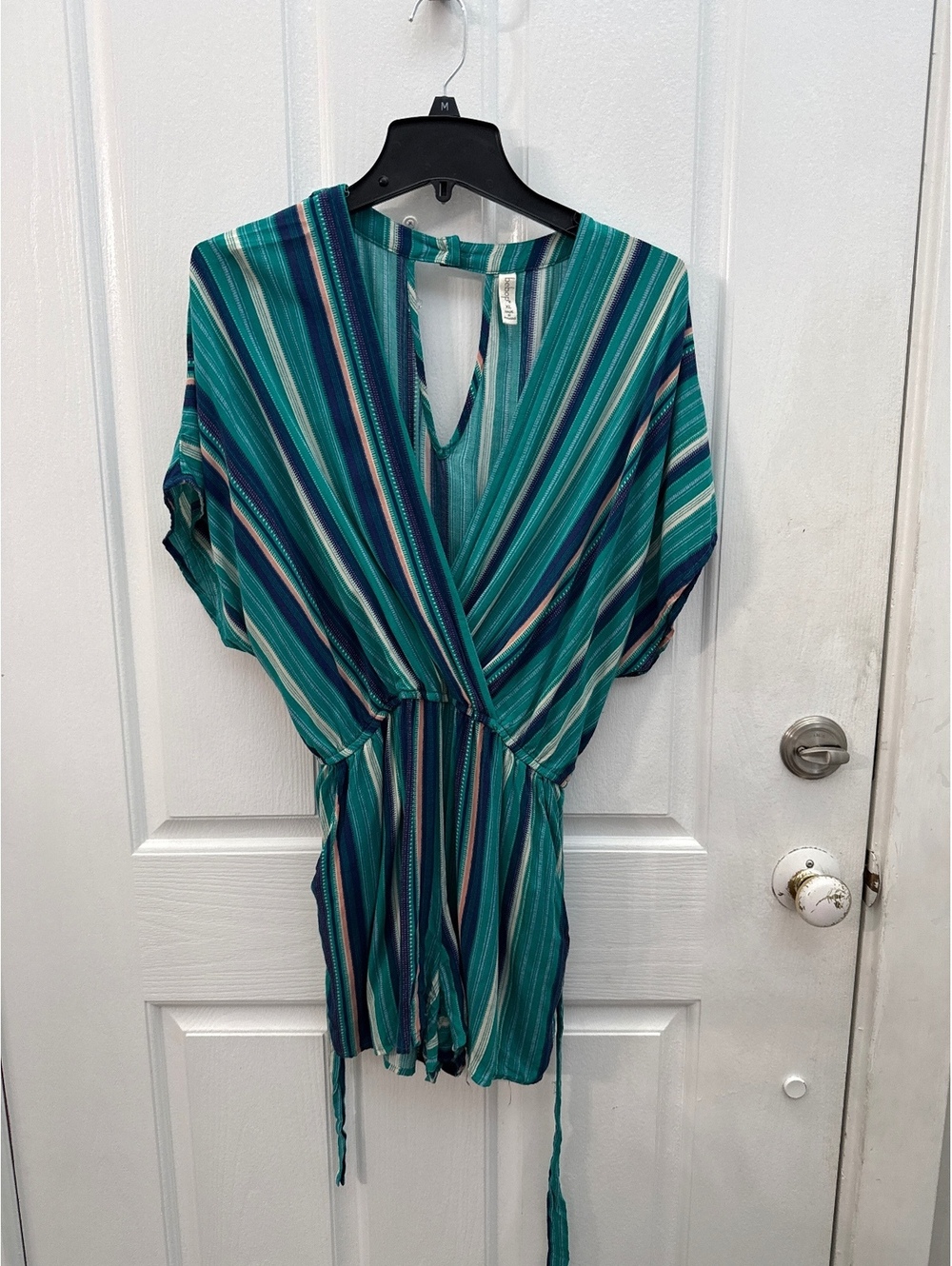 Women's Striped Teal and Navy Romper with V-Neck and Adjustable Waist Tie, Size